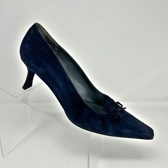 Stuart Weitzman Dark Navy Blue Suede Pumps with Bow Size 11 Square Toe Classic - Picture 1 of 14